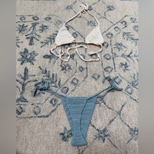 Organic cotton Handmade Crochet Bikini Set - Cream Top & Dusty Blue Bottom